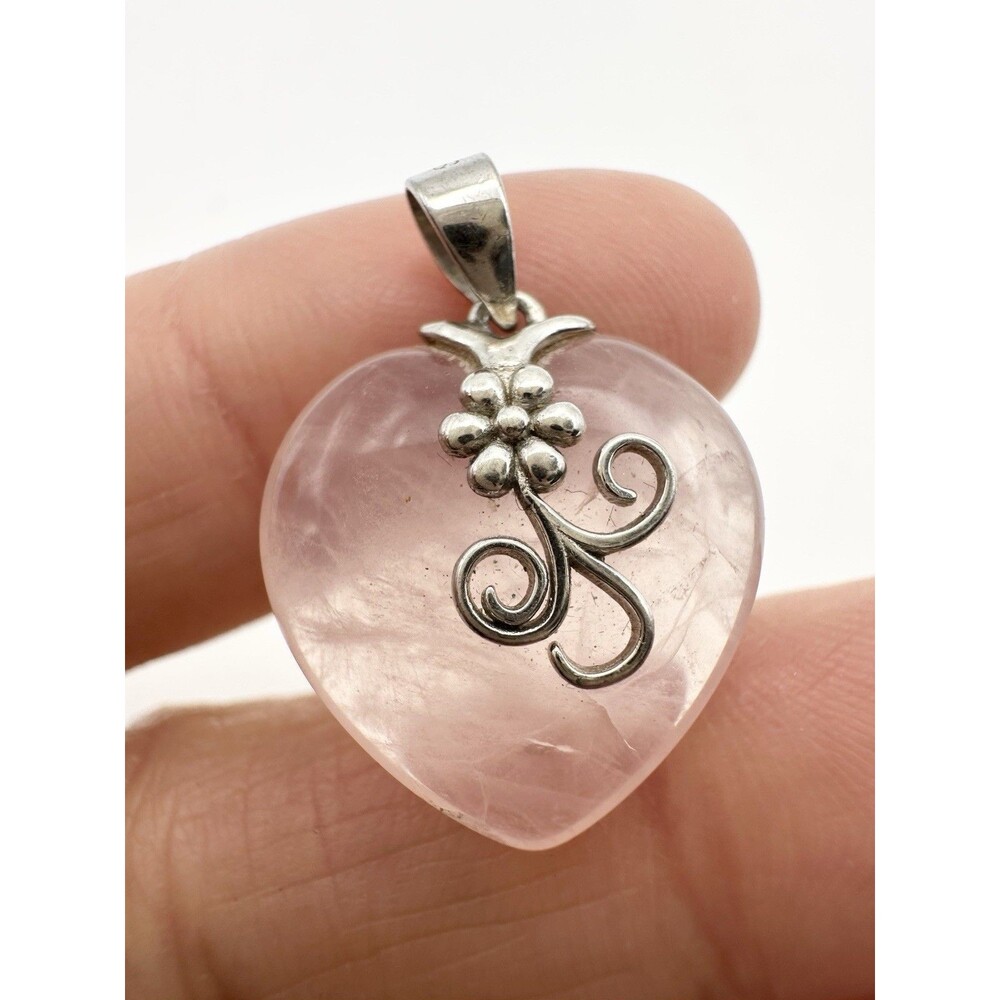 925 Sterling Silver Heart Rose Quartz Swirl Floral Pendant